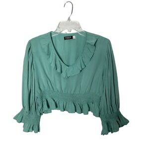 Coco Cabaña XL Teal Ruffle Peasant Blouse Long Sleeve Smocked Boho Crop Top